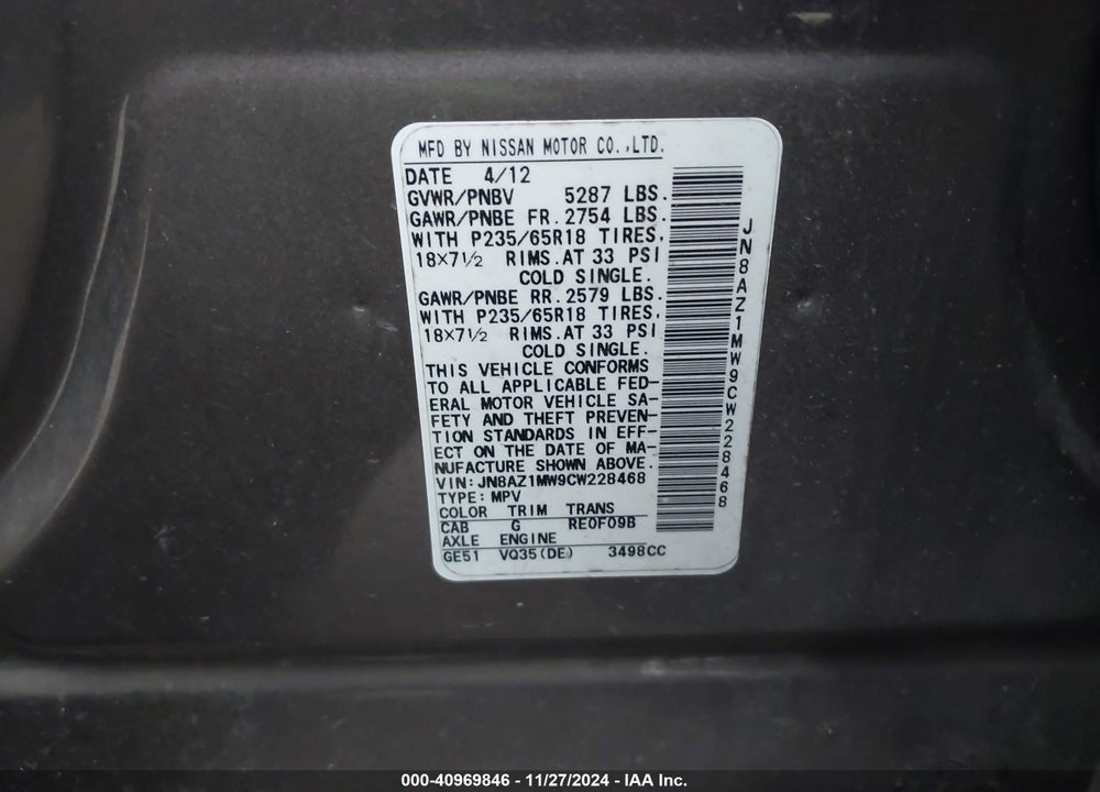 2012 NISSAN MURANO S VIN: JN8AZ1MW9CW228468
