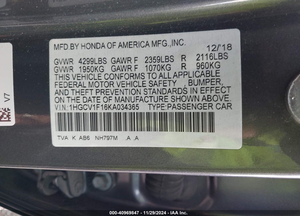 2019 HONDA ACCORD LX VIN: 1HGCV1F16KA034365