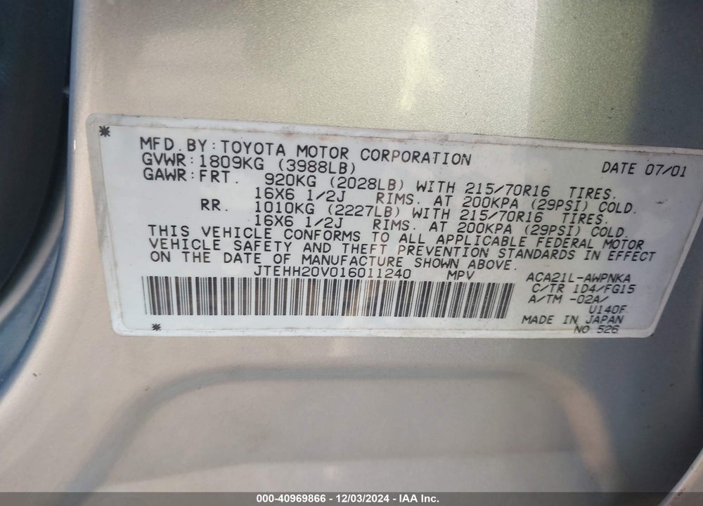 2001 TOYOTA RAV4 VIN: JTEHH20V016011240
