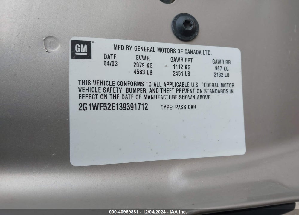 2003 CHEVROLET IMPALA VIN: 2G1WF52E139391712