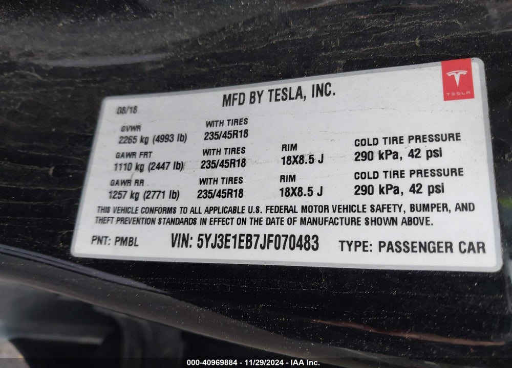 2018 TESLA MODEL 3 VIN: 5YJ3E1EB7JF070483