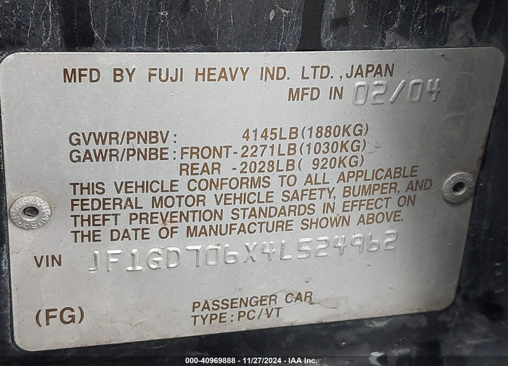2004 SUBARU IMPREZA WRX STI VIN: JF1GD706X4L524962