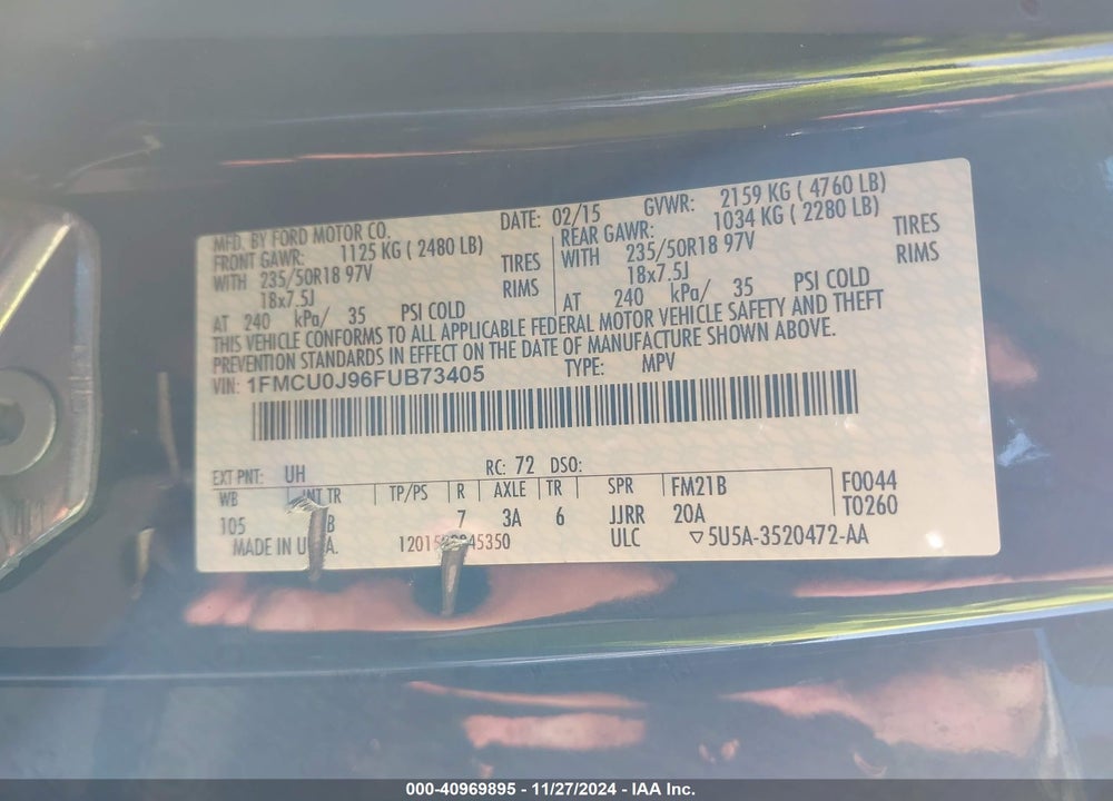2015 FORD ESCAPE TITANIUM VIN: 1FMCU0J96FUB73405