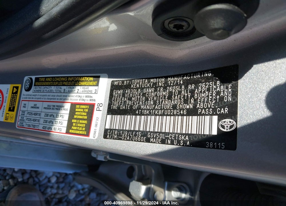 2015 TOYOTA CAMRY XSE V6 VIN: 4T1BK1FK8FU028546