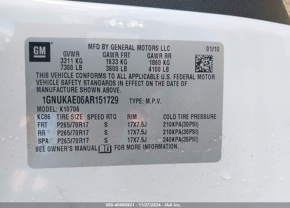 2010 CHEVROLET TAHOE LS VIN: 1GNUKAE06AR151729