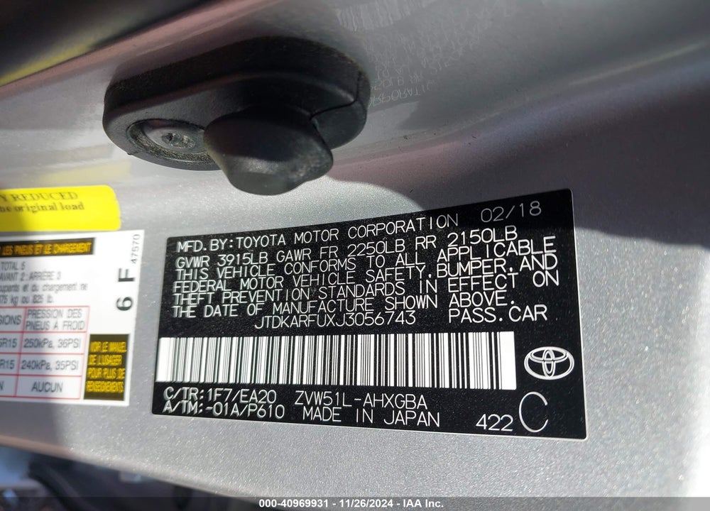2018 TOYOTA PRIUS FOUR VIN: JTDKARFUXJ3056743