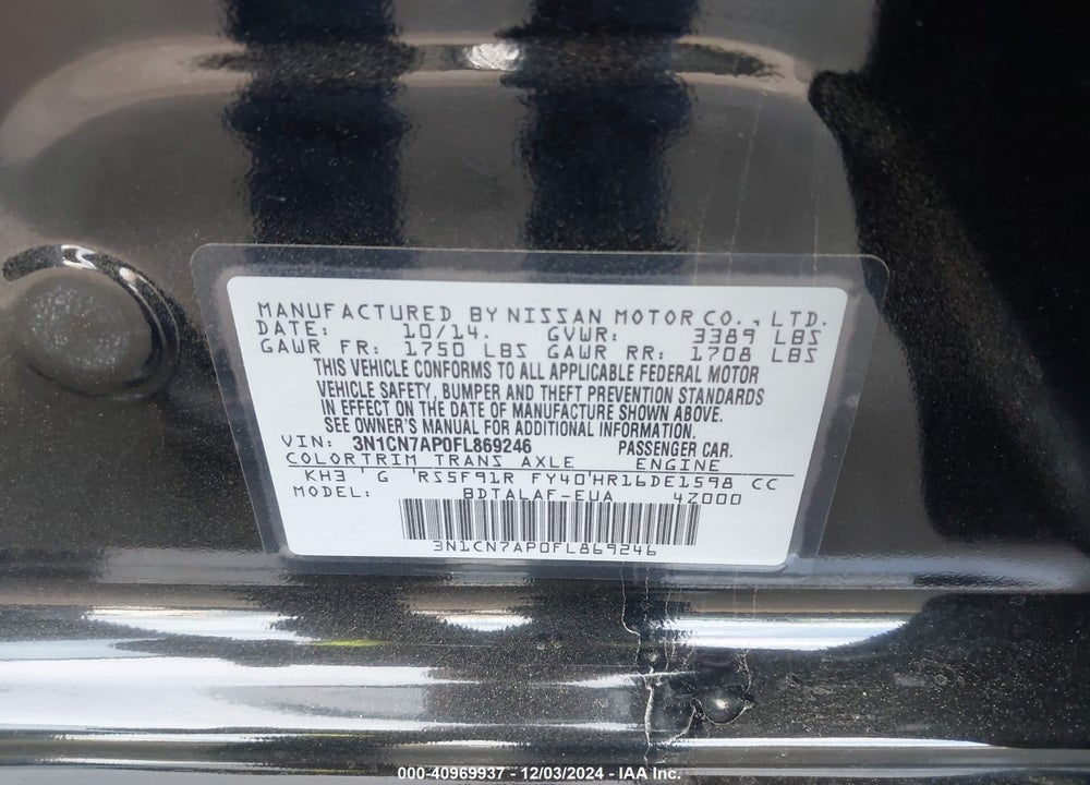2015 NISSAN VERSA 1.6 S+ VIN: 3N1CN7AP0FL869246