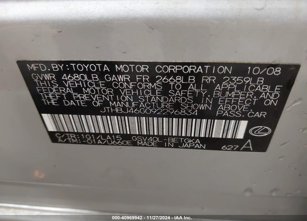 2009 LEXUS ES 350 VIN: JTHBJ46G092296834