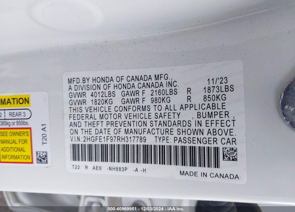 2024 HONDA CIVIC TOURING VIN: 2HGFE1F97RH317789