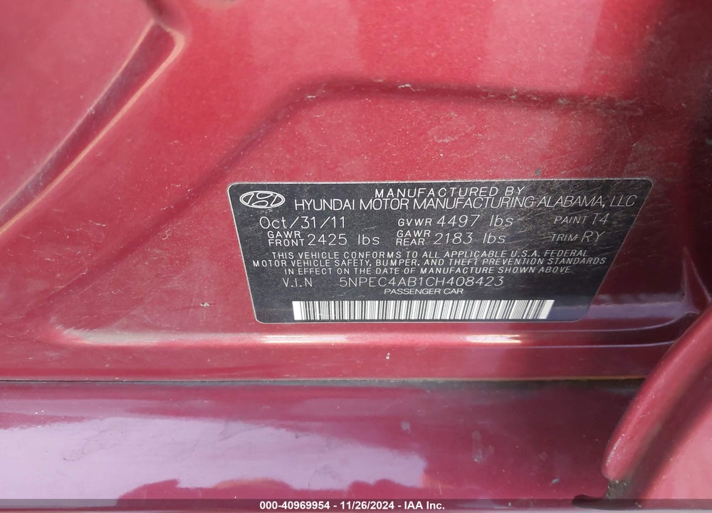 2012 HYUNDAI SONATA SE 2.0T VIN: 5NPEC4AB1CH408423