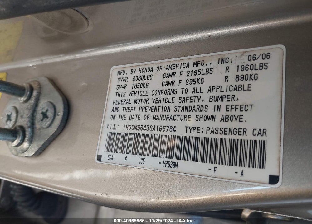 2006 HONDA ACCORD 2.4 LX VIN: 1HGCM56436A165764