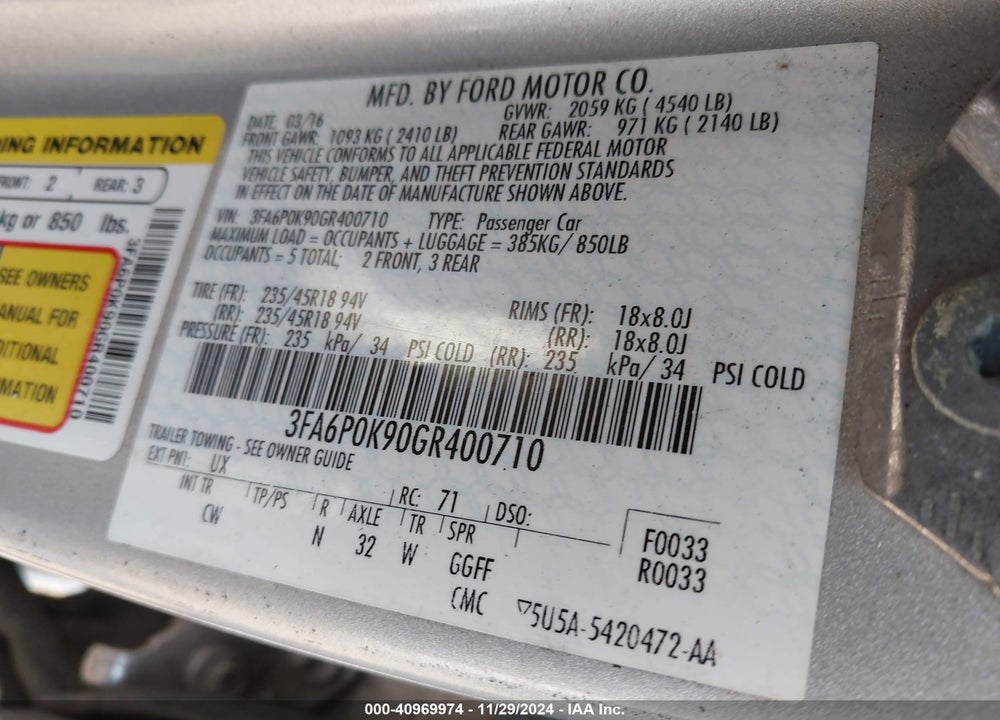2016 FORD FUSION TITANIUM VIN: 3FA6P0K90GR400710