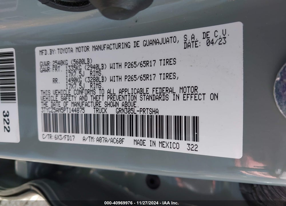 2023 TOYOTA TACOMA SR V6/SR5 V6/TRAIL EDITION/TRD OFF ROAD/TRD PRO/TRD SPORT VIN: 3TYCZ5AN5PT144875
