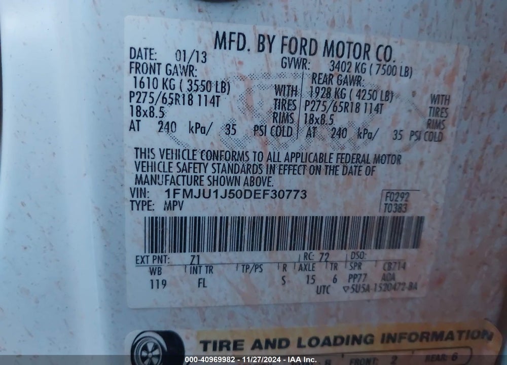 2013 FORD EXPEDITION VIN: 1FMJU1J50DEF30773