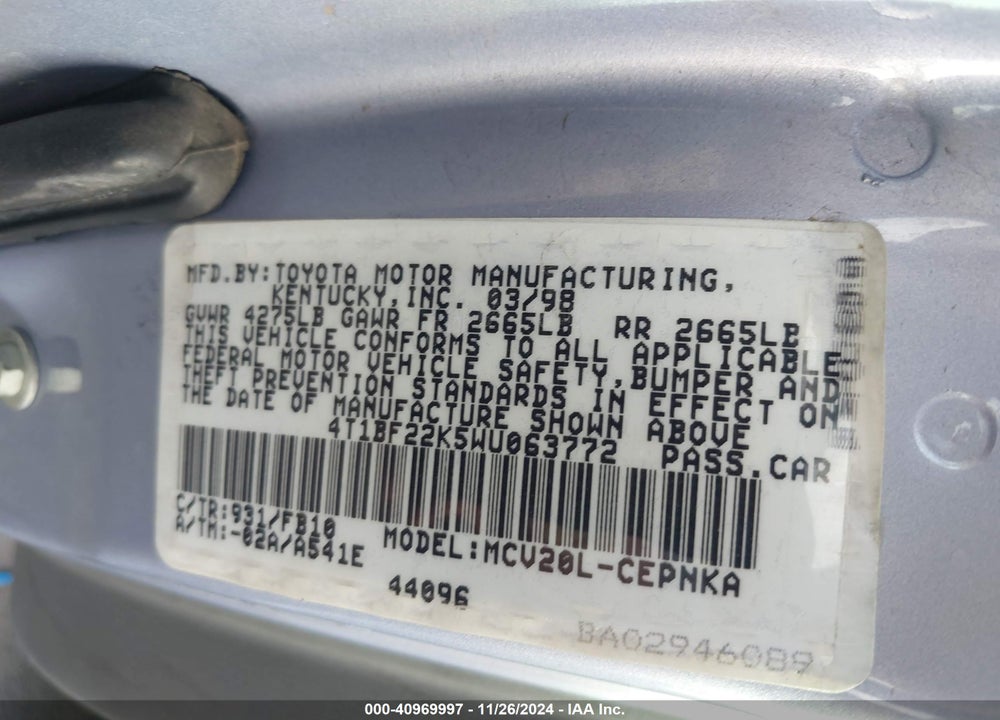 1998 TOYOTA CAMRY LE V6 VIN: 4T1BF22K5WU063772