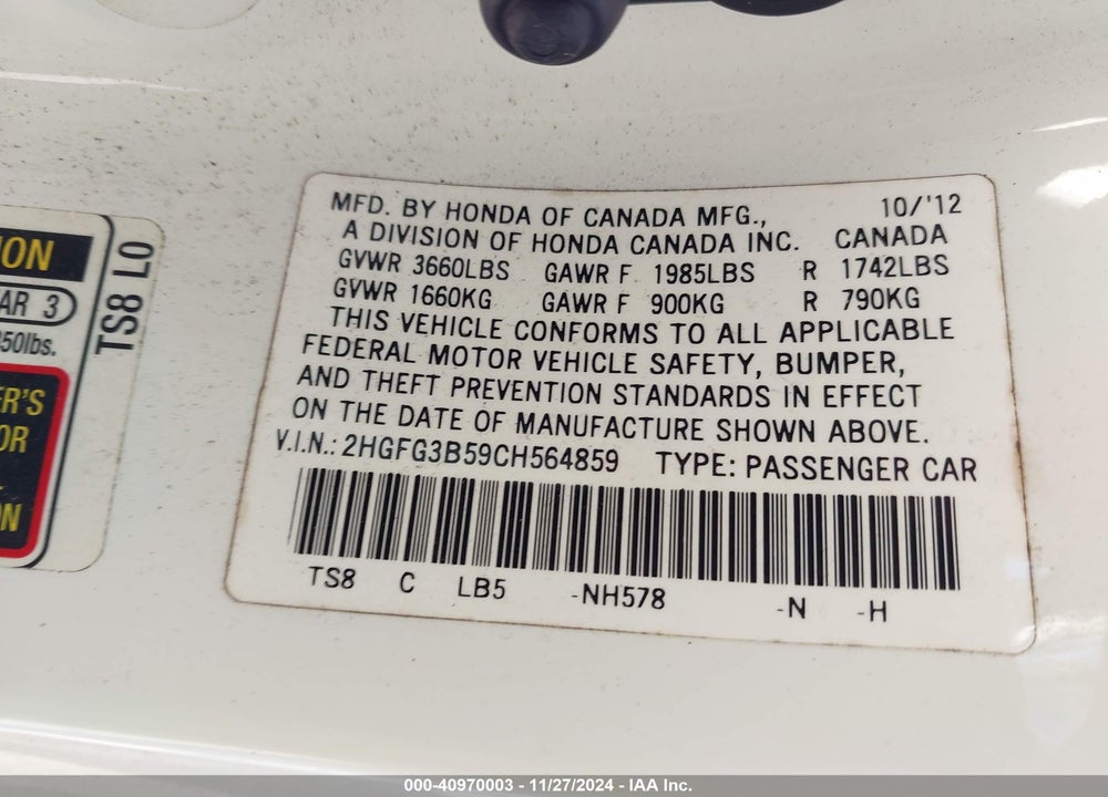 2012 HONDA CIVIC LX VIN: 2HGFG3B59CH564859