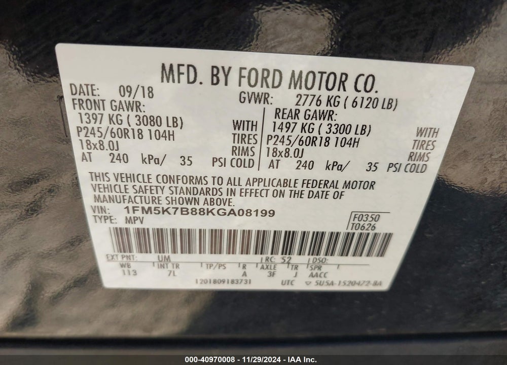 2019 FORD EXPLORER VIN: 1FM5K7B88KGA08199