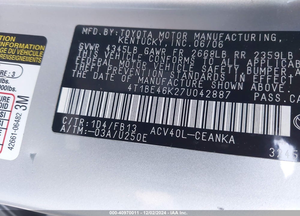 2007 TOYOTA CAMRY CE VIN: 4T1BE46K27U042887