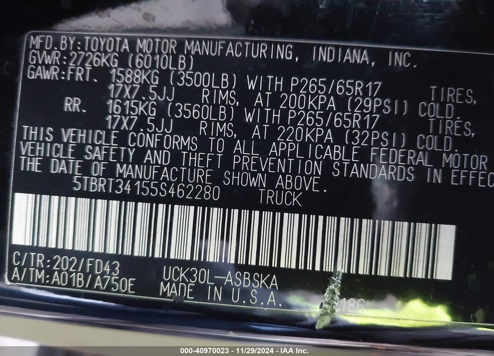 2005 TOYOTA TUNDRA SR5 V8 VIN: 5TBRT34155S462280