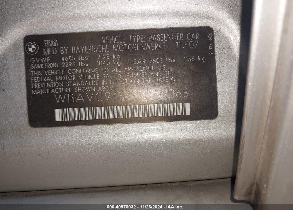 2008 BMW 328XI VIN: WBAVC93548K039065