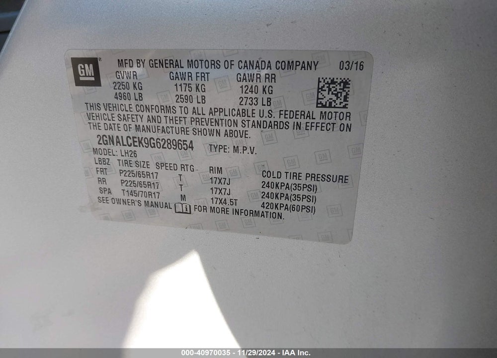 2016 CHEVROLET EQUINOX LT VIN: 2GNALCEK9G6289654
