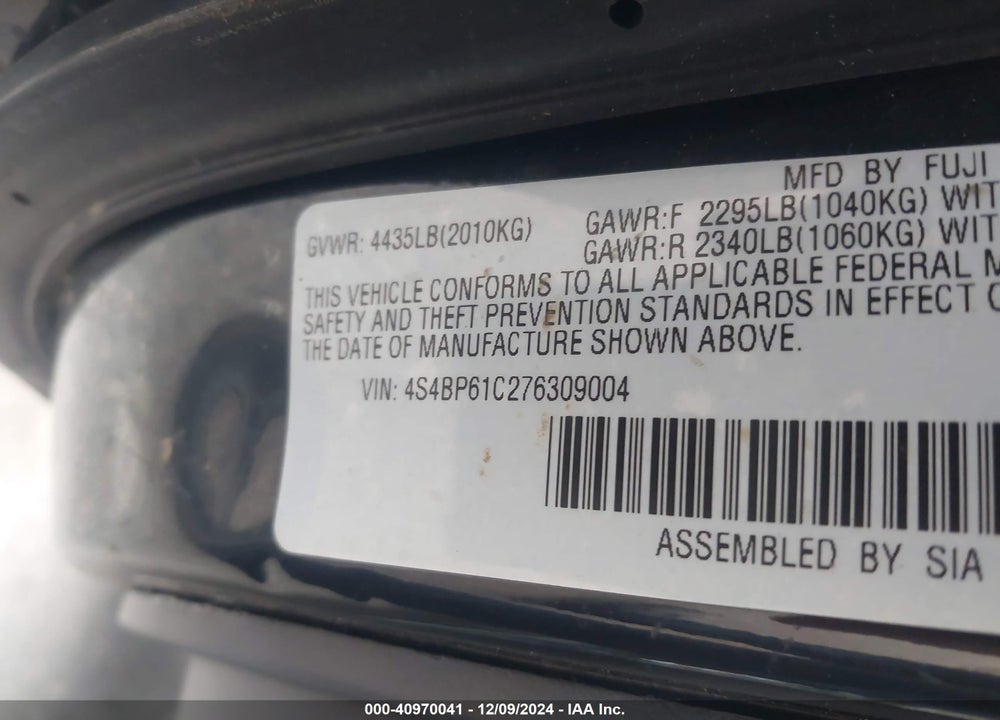 2007 SUBARU OUTBACK 2.5I BASIC VIN: 4S4BP61C276309004