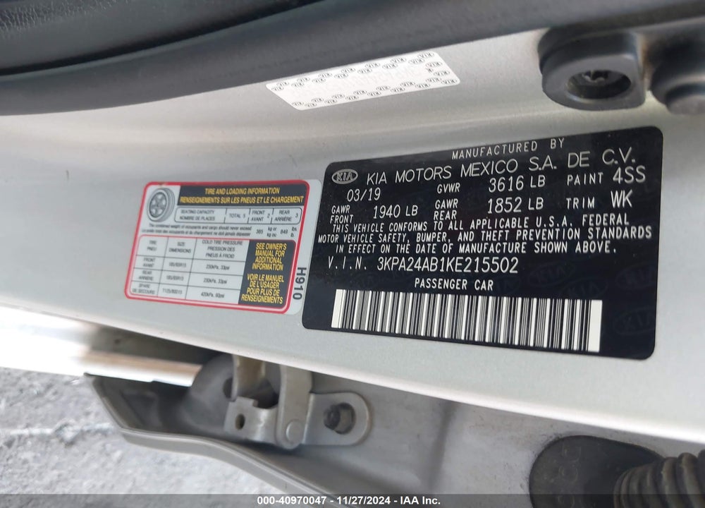 2019 KIA RIO S VIN: 3KPA24AB1KE215502
