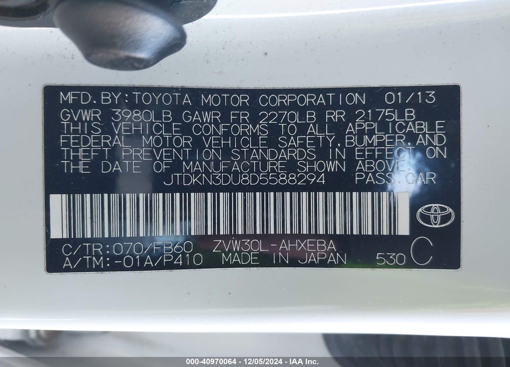 2013 TOYOTA PRIUS TWO VIN: JTDKN3DU8D5588294