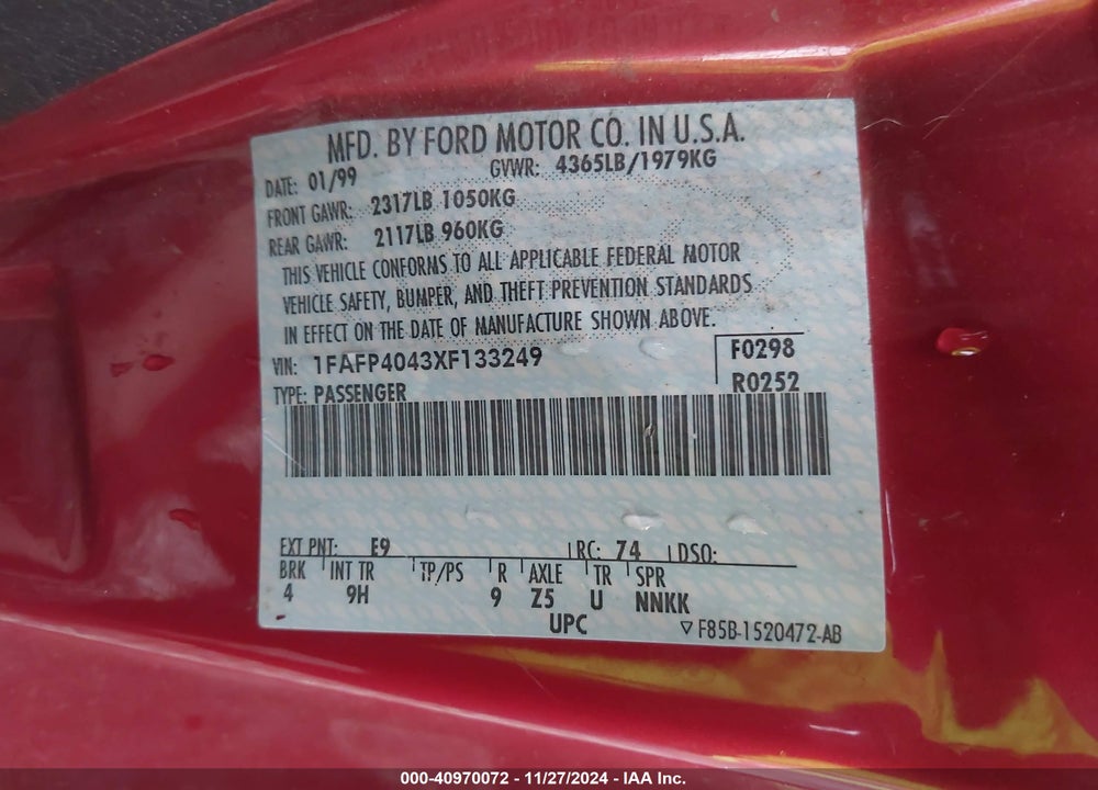 1999 FORD MUSTANG VIN: 1FAFP4043XF133249