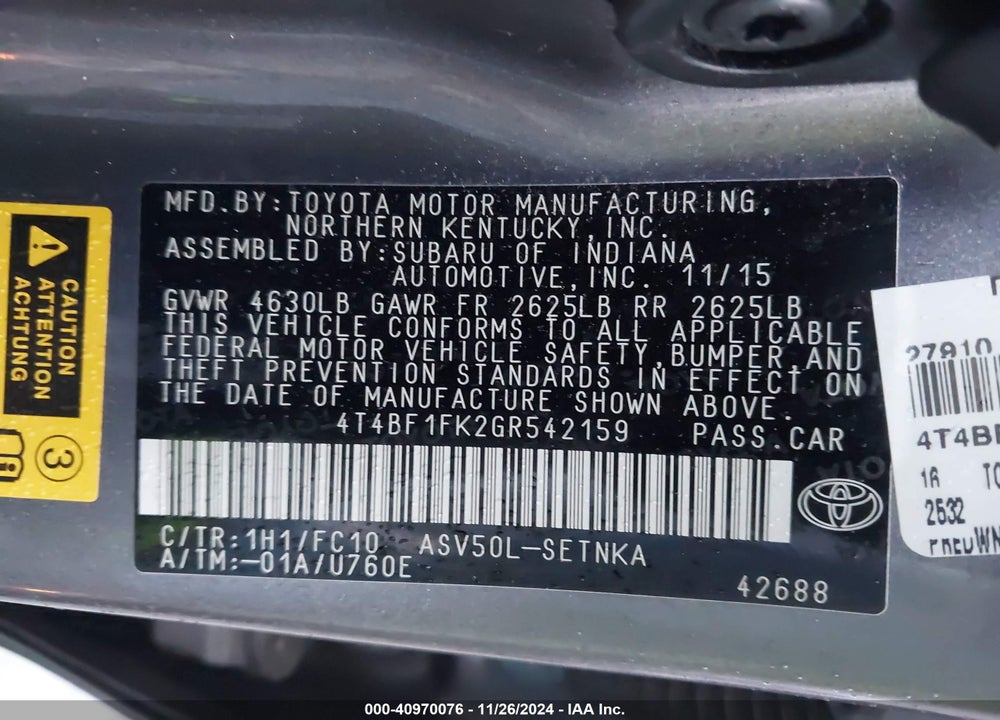 2016 TOYOTA CAMRY VIN: 4T4BF1FK2GR542159