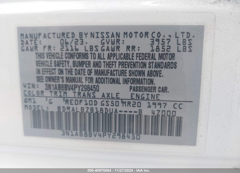 2023 NISSAN SENTRA S XTRONIC CVT VIN: 3N1AB8BV4PY298450