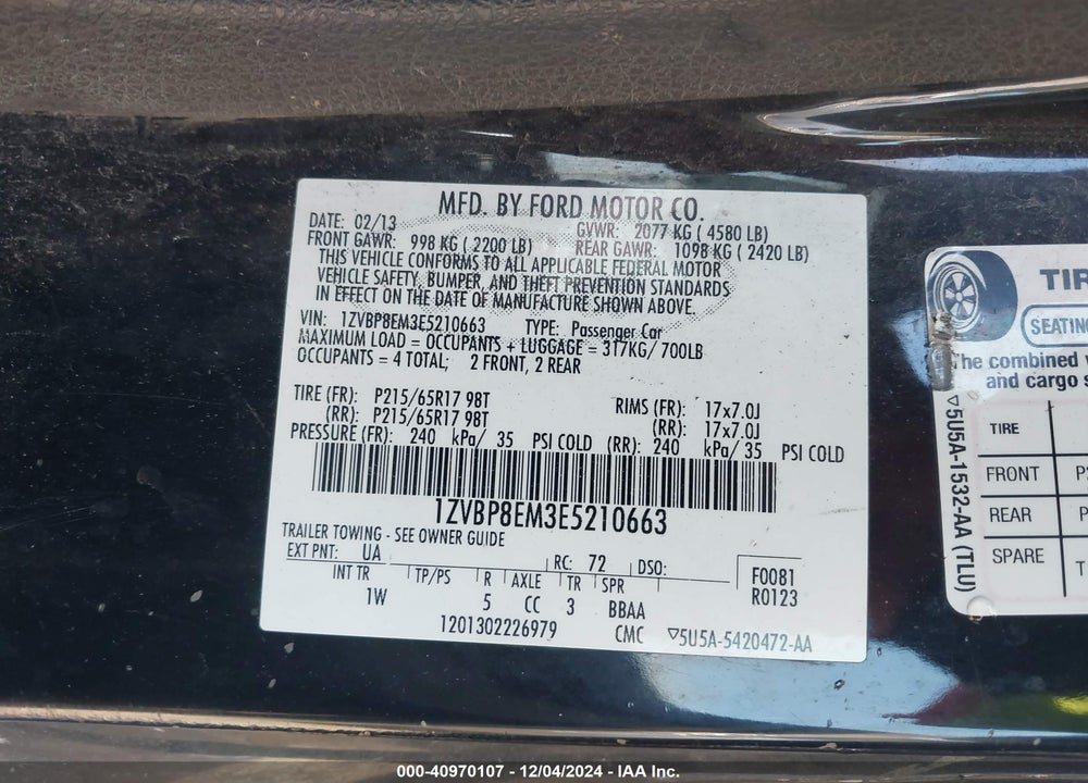 2014 FORD MUSTANG V6 VIN: 1ZVBP8EM3E5210663
