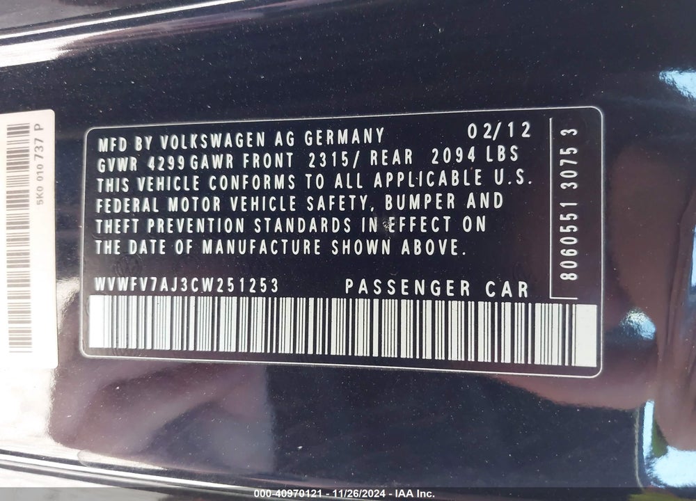 2012 VOLKSWAGEN GTI 2-DOOR VIN: WVWFV7AJ3CW251253
