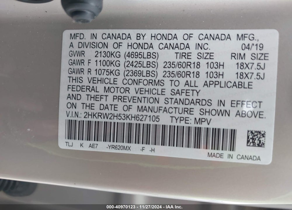 2019 HONDA CR-V EX VIN: 2HKRW2H53KH627105