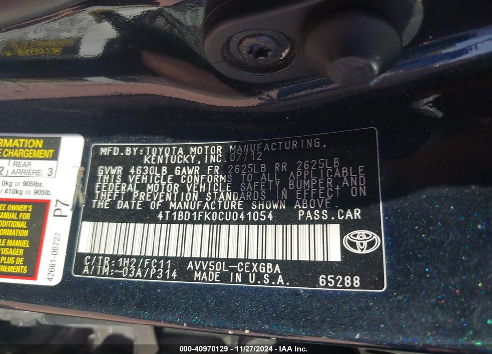 2012 TOYOTA CAMRY HYBRID XLE VIN: 4T1BD1FK0CU041054