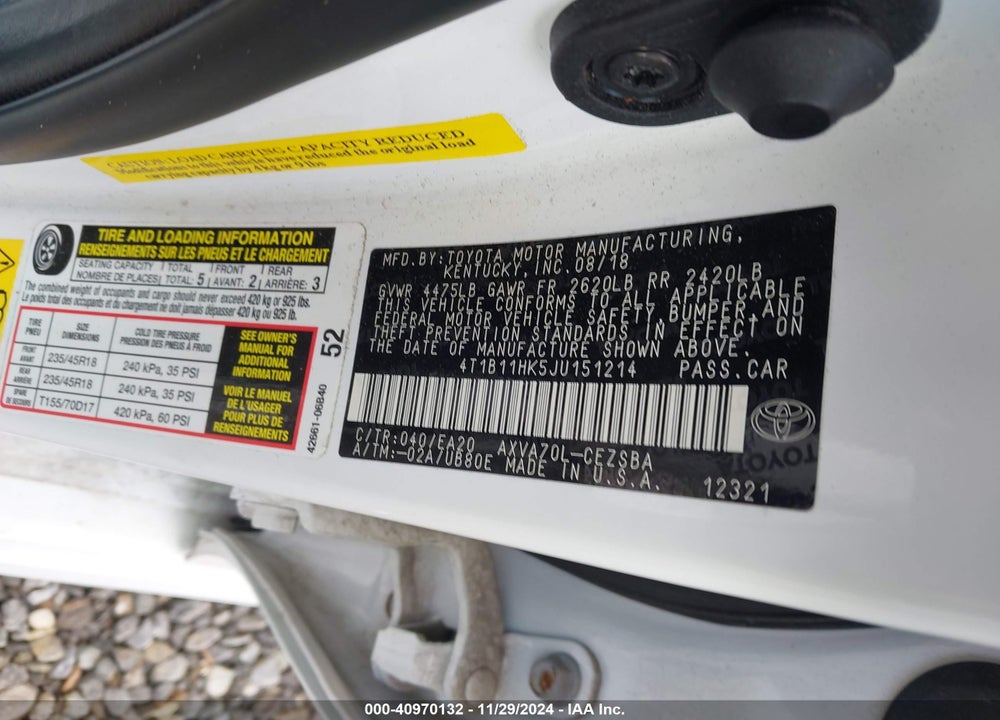 2018 TOYOTA CAMRY VIN: 4T1B11HK5JU151214