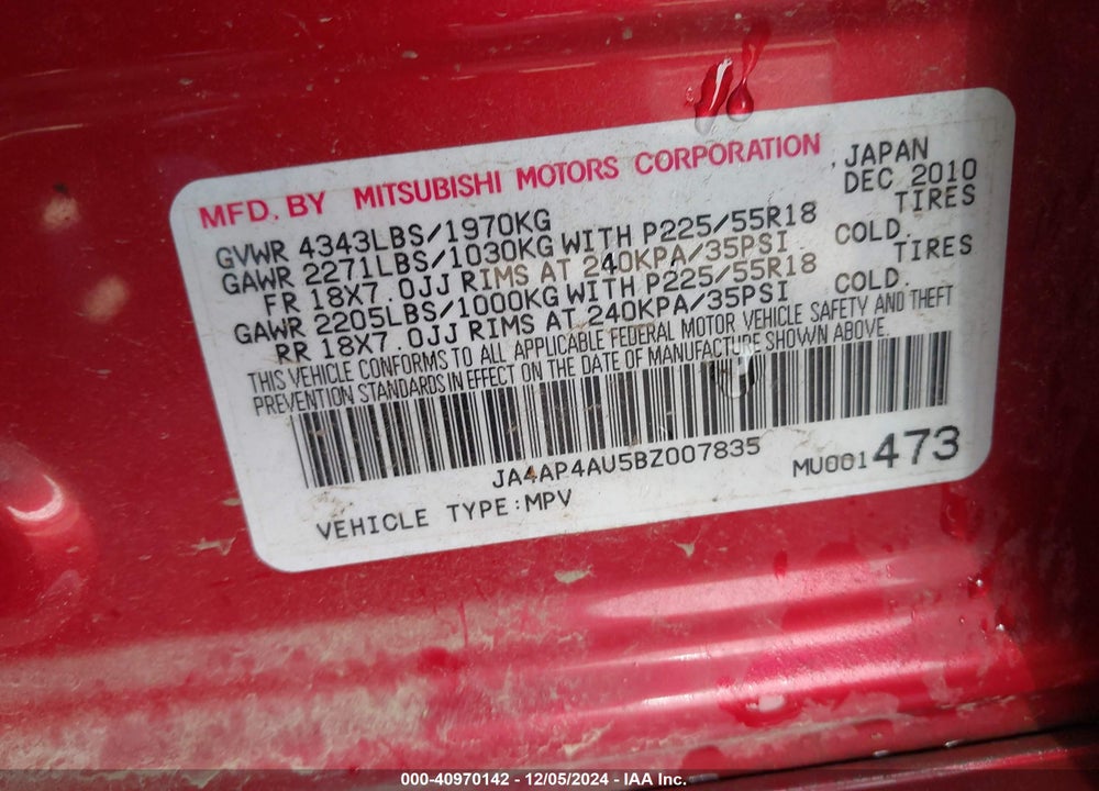 2011 MITSUBISHI OUTLANDER SPORT SE VIN: JA4AP4AU5BZ007835