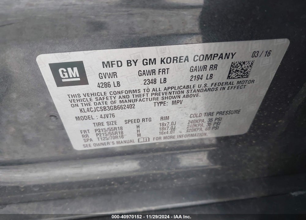 2016 BUICK ENCORE LEATHER VIN: KL4CJCSB3GB662402
