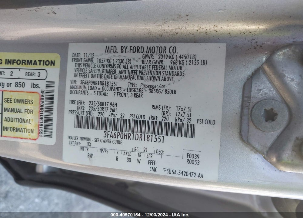 2013 FORD FUSION VIN: 3FA6P0HR1DR181551
