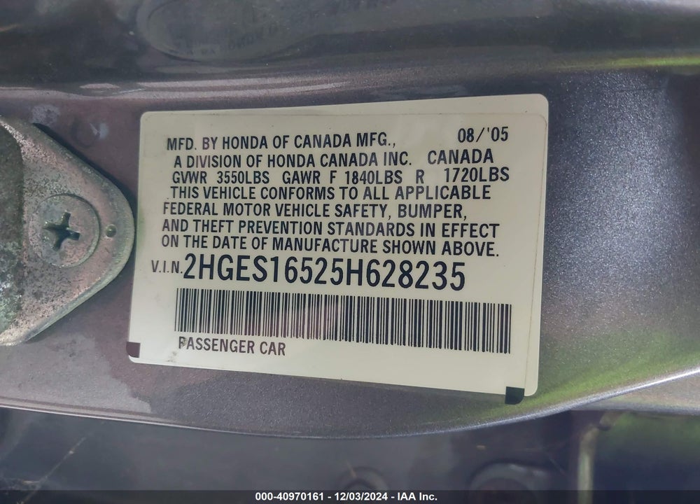 2005 HONDA CIVIC LX VIN: 2HGES16525H628235