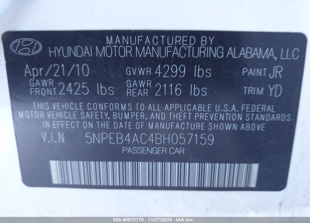 2011 HYUNDAI SONATA GLS VIN: 5NPEB4AC4BH057159