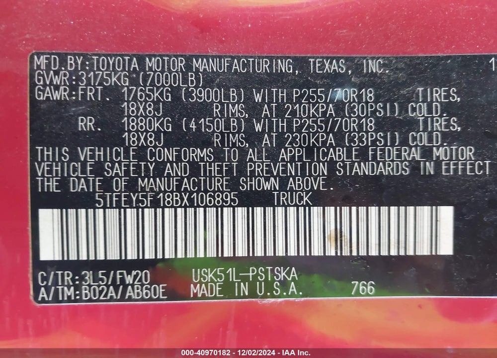 2011 TOYOTA TUNDRA GRADE 5.7L V8 VIN: 5TFEY5F18BX106895