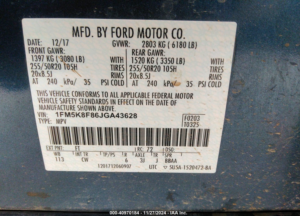 2018 FORD EXPLORER LIMITED VIN: 1FM5K8F86JGA43628