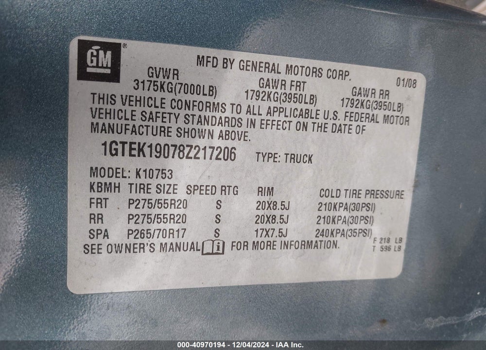 2008 GMC SIERRA 1500 SLE1 VIN: 1GTEK19078Z217206