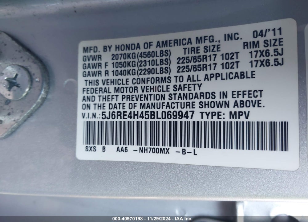 2011 HONDA CR-V SE VIN: 5J6RE4H45BL069947