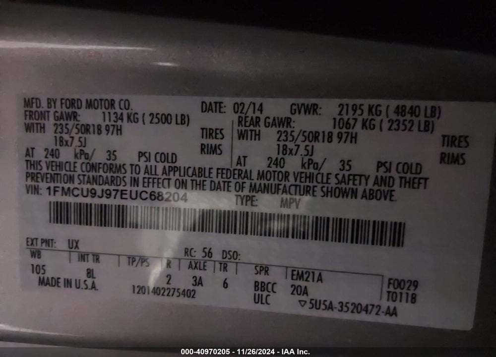 2014 FORD ESCAPE TITANIUM VIN: 1FMCU9J97EUC68204