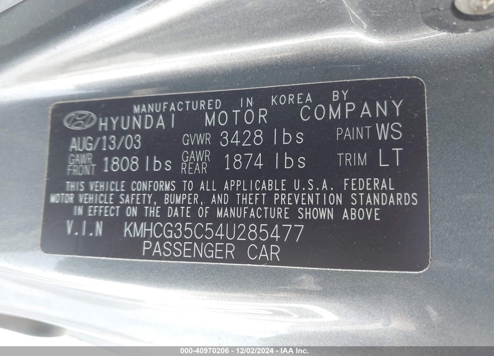 2004 HYUNDAI ACCENT GL/GT VIN: KMHCG35C54U285477