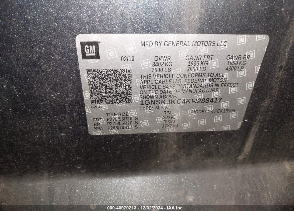 2019 CHEVROLET SUBURBAN PREMIER VIN: 1GNSKJKC4KR288417