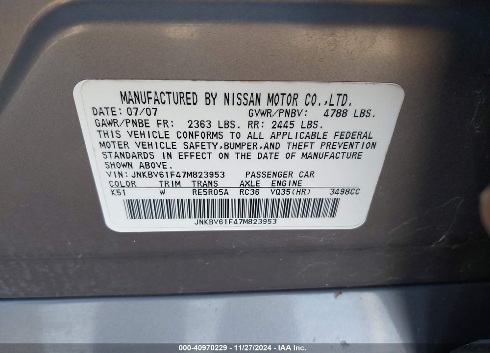 2007 INFINITI G35X VIN: JNKBV61F47M823953