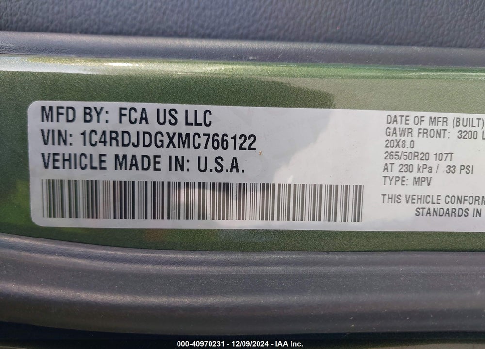 2021 DODGE DURANGO GT PLUS AWD VIN: 1C4RDJDGXMC766122